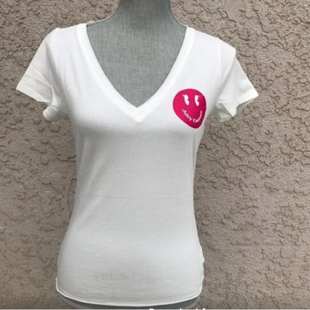 NWT ADORABLE COMFIE Juicy Couture White w/Fuchsia V-Neck Happy Face T-Shirt, Sm.